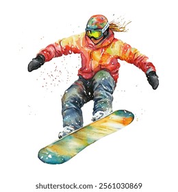 snowboarder mid-air, showcasing vibrant colors and energetic movement. Perfect for winter sports promotions, adventure themes, and artistic projects.