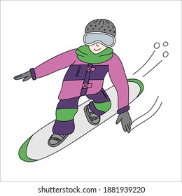 Snowboarder in motion touching slope colorful doodle illustration