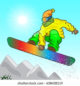 A snowboarder in the mountains slides down a snowy slope in sunny weather. A man in a snowboard jump wearing glasses and bright clothes.