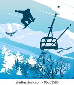 Snowboarder on a background of mountains and ski lift