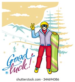 Snowboarder on a background of winter landscape with mountains