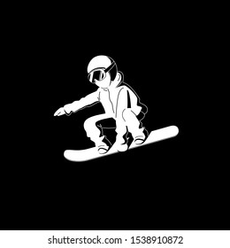 Snowboarder on a black background. Black and white vector illustration. Winter sport and relaxation.