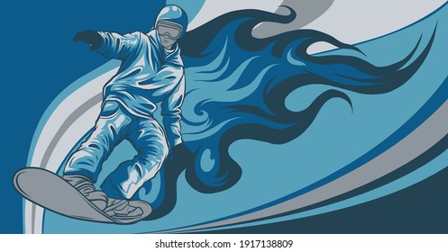 Snowboarder sobre el arte de la ilustración del vector del fuego