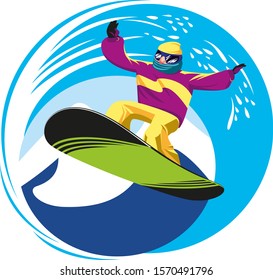 Snowboarder on a green snowboard on the background of mountains and sky