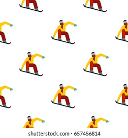 Snowboarder on the snowboard deck pattern seamless background in flat style repeat vector illustration