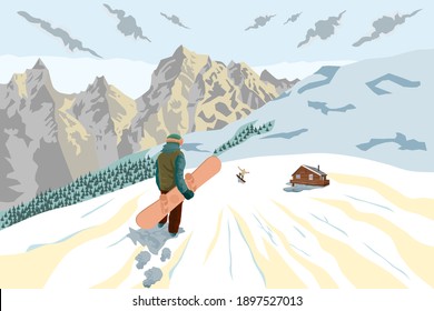 Snowboarder en snowboard en la ilustración vectorial de pendiente con colores pastel