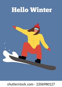 snowboarder on snowy mountain slopes. A girl in winter clothes slides and jumps from a snowboard. Sports activity outdoors. Winter activities. Colorful flat vector illustration
