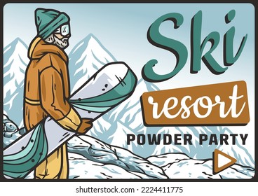Snowboarder on a snowy mountain. Winter extreme active sport. Poster about snowboarding