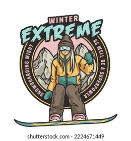 Snowboarder on a snowy mountain. Winter season extreme active sport. Emblem about snowboarding