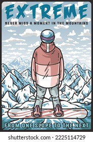 Snowboarder on a snowy mountain. Winter extreme active sport. A vertical poster about snowboarding