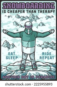 Snowboarder on a snowy mountain. Winter extreme active sport. A vertical poster about snowboarding