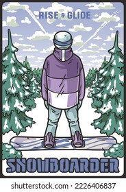 Snowboarder on a snowy mountain. Winter extreme active sport. A vertical poster about snowboarding