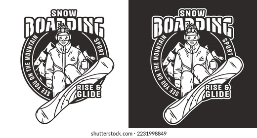 Snowboarder on a snowy mountain. Winter season extreme active sport. Emblem about snowboarding