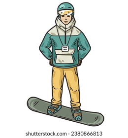 Snowboarder on top of a snowy mountain. Snowboarding in winter mountains. Sporty snowboarding on a steep ski slope. Winter sport for ski resort.