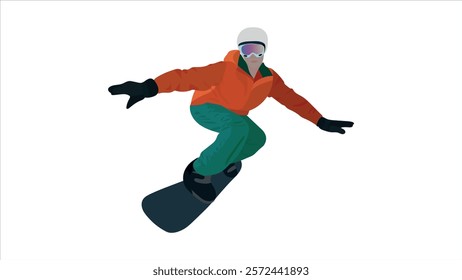 Snowboarder in orage and green snowsuit skiing. Winter Sport. woman playing snowboarding, skiing or skating.	