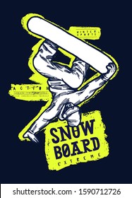 Snowboarder palm stand trick. Extreme winter sports t-shirt print design. 