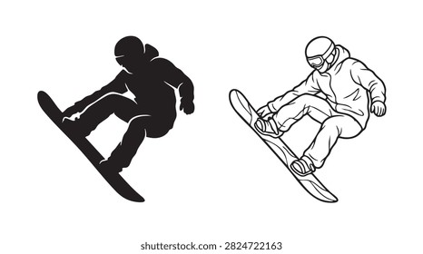 snowboarder performing trick in air black silhouette and outline art vector icon