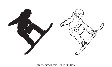 snowboarder performing trick in air with dynamic pose featuring snowboarding, winter