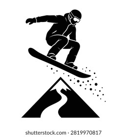 A snowboarder performs an aerial stunt over a mountain peak with snow flying around, conveying a sense of thrill and adventure in a winter sports setting