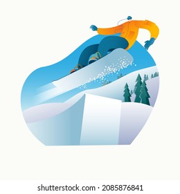 A snowboarder performs a ski jump in a snowpark in sunny weather against the backdrop of mountains. Vector illustration on the theme of a ski resort.