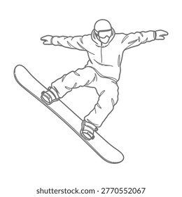 A snowboarder performs a thrilling aerial trick on a snowboard with arms outstretched and legs bent, conveying a sense of freedom and adventure in a winter sports setting.