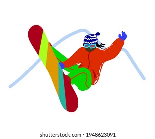 Snowboarder performs tricks on the board. Cartoon. Vector illustration.