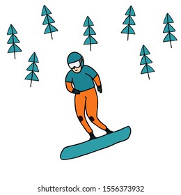 A snowboarder person isolated on white background. Hand drawn stock vector illustration. Cute doodle drawing for decoration sport shop. Print design for poster, card. Happy winter vacation.