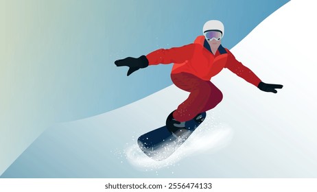 Snowboarder in red snowsuit skiing on mountain. Vector poster of Winter Sport. woman playing snowboarding, skiing or skating. Winter landscape with snow. Horizontal banner template. 