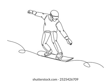 Snowboardergeschwindigkeit am Berg in durchgehender Einzeilenzeichnung. Single Line Art Illustration von Extremsport Snowboard. Bearbeitbarer Vektor.