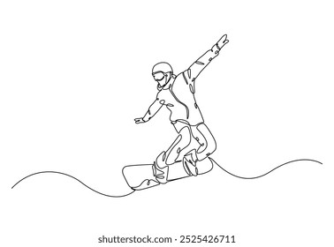 Snowboardergeschwindigkeit am Berg in durchgehender Einzeilenzeichnung. Single Line Art Illustration von Extremsport Snowboard. Bearbeitbarer Vektor.