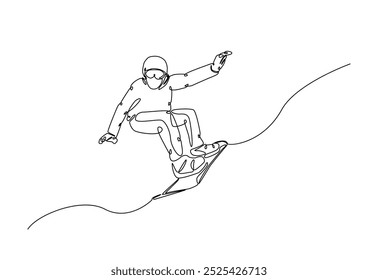 Velocidade de passeio do snowboarder na montanha em desenho contínuo de uma linha. Ilustração de arte de linha única de snowboard esporte extremo. Vetor editável.