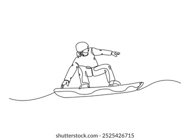 Snowboardergeschwindigkeit am Berg in durchgehender Einzeilenzeichnung. Single Line Art Illustration von Extremsport Snowboard. Bearbeitbarer Vektor.