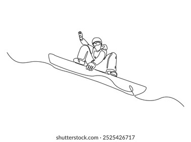 Snowboardergeschwindigkeit am Berg in durchgehender Einzeilenzeichnung. Single Line Art Illustration von Extremsport Snowboard. Bearbeitbarer Vektor.