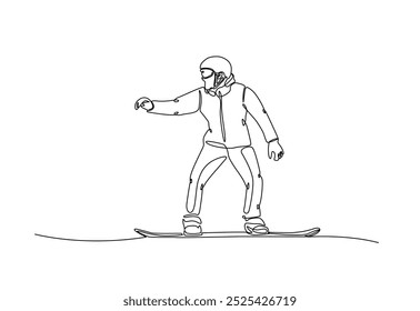 Snowboardergeschwindigkeit am Berg in durchgehender Einzeilenzeichnung. Single Line Art Illustration von Extremsport Snowboard. Bearbeitbarer Vektor.