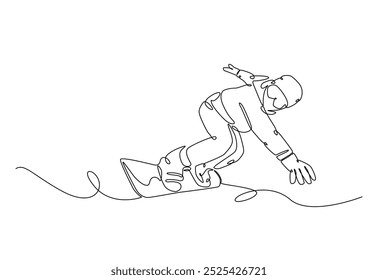 Snowboardergeschwindigkeit am Berg in durchgehender Einzeilenzeichnung. Single Line Art Illustration von Extremsport Snowboard. Bearbeitbarer Vektor.