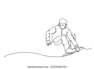 Snowboardergeschwindigkeit am Berg in durchgehender Einzeilenzeichnung. Single Line Art Illustration von Extremsport Snowboard. Bearbeitbarer Vektor.