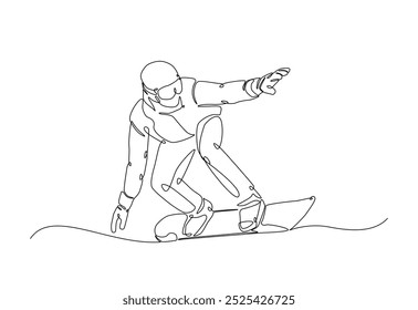 Velocidade de passeio do snowboarder na montanha em desenho contínuo de uma linha. Ilustração de arte de linha única de snowboard esporte extremo. Vetor editável.