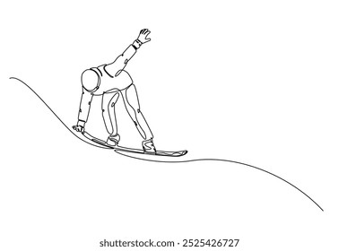 Snowboardergeschwindigkeit am Berg in durchgehender Einzeilenzeichnung. Single Line Art Illustration von Extremsport Snowboard. Bearbeitbarer Vektor.