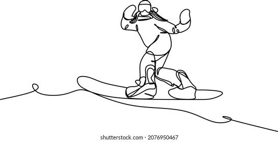 Snowboarder monta una tabla en la nieve en invierno en una pendiente nevada. Una línea continua. Un logotipo de dibujo de línea continua aisló una ilustración mínima.