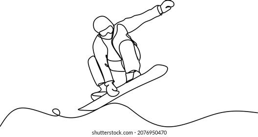 Snowboarder monta una tabla en la nieve en invierno en una pendiente nevada. Una línea continua. Un logotipo de dibujo de línea continua aisló una ilustración mínima.