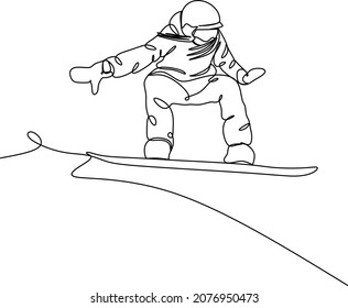 Snowboarder Rides A Board In The Snow In Winter On A Snowy Slope. One Continuous Line. One Continuous Line Drawing Logo Isolated Minimal Illustration.