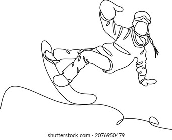 Snowboarder monta una tabla en la nieve en invierno en una pendiente nevada. Una línea continua. Un logotipo de dibujo de línea continua aisló una ilustración mínima.