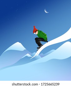 Snowboarder rides in the mountains. Cute vector.