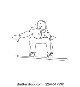 Snowboarder rides a snowboard. One line art. Jumping snowboarder. Tourist sport concept. Hand drawn vector illustration.