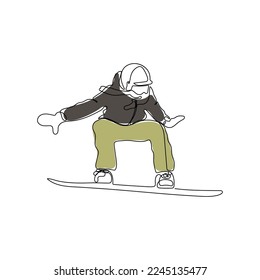 Snowboarder rides a snowboard. One line art. Jumping snowboarder. Winter, tourist sport concept. Hand drawn vector illustration.