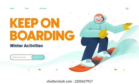 Snowboarder riding board at snowy mountainsides. Man in winter outfit sliding with snowboards. Vector illustration concept of web page design for website and mobile website development. Landing page. 