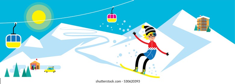 Snowboarder riding down the mountains. vector illustration.