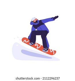 Snowboarder riding snow board. Snowboard rider in motion. Man in helmet, glasses and sportswear during extreme winter activity. Flat graphic vector illustration isolated on white background