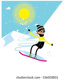 Snowboarder riding a snowboard down the track in mountains. Cartoon man character. Vector