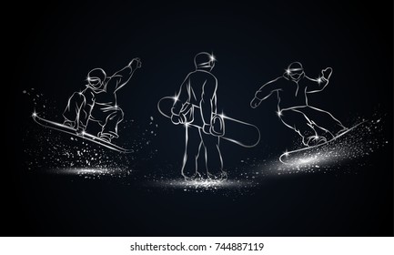 Juego de snowboarder. Dibujo deportivo lineal cromado para banner deportivo, fondo y volante.